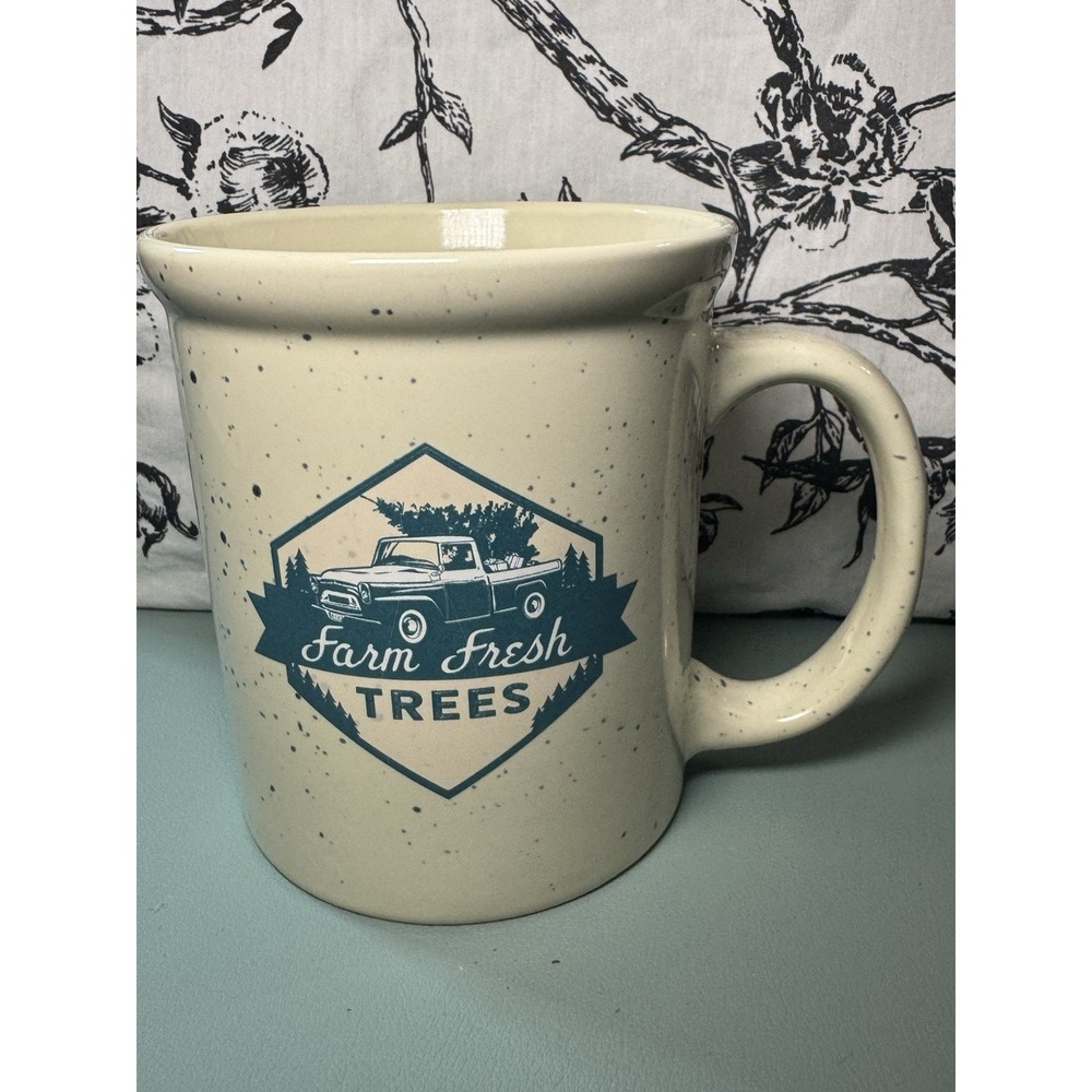 Design Pac Cream Colored Blue Speckled Large Ceramic Coffee Mug Farm Fresh Trees